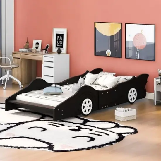 Okak Platform Bed Frame with Wheels and Race Car-Shaped Bedroom Furniture for Kids Noise-Free Bed Strong Wood Slats Easy Assembly image {5}