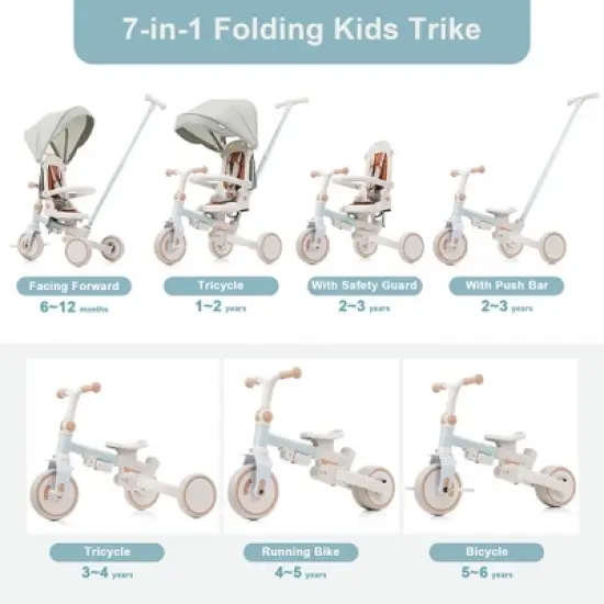 LOVSON 7-in-1 baby tricycle, equipped with removable push bar and footrest, sun canopy, safety guardrail, blue, (suitable for babies aged 1-6 months) image {3}