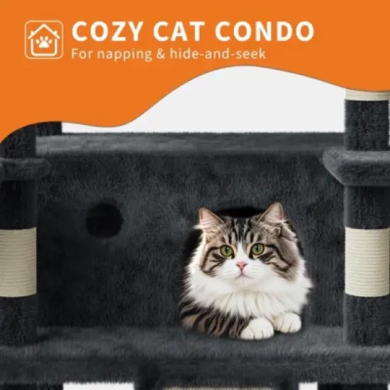 68.5" Multi-Level Cat Tree for Indoor, Heavy Duty Adult Cat Tower with 2 Condos, Plush Perches, Sisal Scratching Posts,Hammocks,Basket,Dangling Balls image {6}
