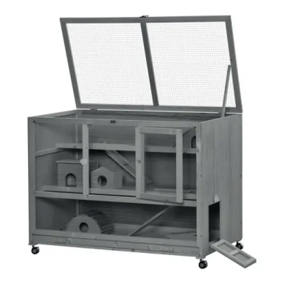 PawHut Wooden Large Hamster Cage with Seesaw and Wheels, Small Animal Cage and Habitat, 3-Tier Hamster Habitat with Ladder, Dark Grey image {4}