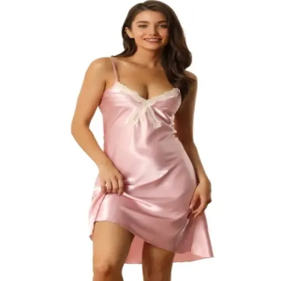 cheibear Womens Satin Nightgown One Piece V Neck Lace Cami Mini Spaghetti Nightdress image {5}
