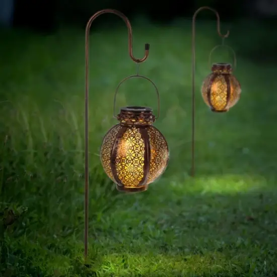 Set of 2 Solar Outdoor Lights - Hanging or Tabletop Rechargeable LED Lantern Set with 2 Shepherd Hooks for Outdoor Decor by Pure Garden (Bronze) image {4}