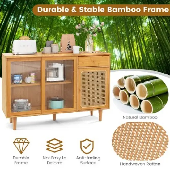 Costway Buffet Sideboard Cabinet Rattan Console Table with Sliding Doors Storage Drawer image {8}
