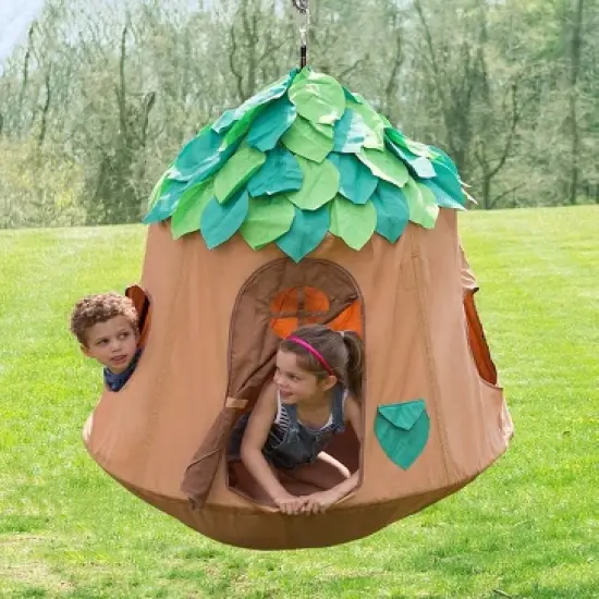 HearthSong Woodland HugglePod HangOut Indoor or Outdoor Kid's Nylon Hanging Tent with LED Leaf Lights image {1}