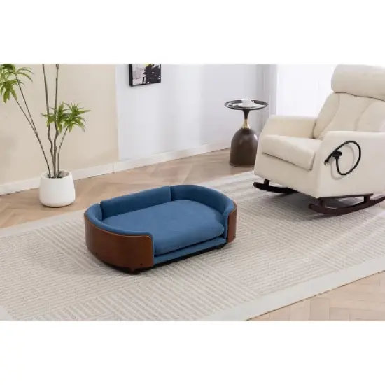 Scandinavian style Elevated Dog Bed Pet Sofa With Solid Wood legs and Walnut Bent Wood Back, Velvet Cushion,Large Size image {6}