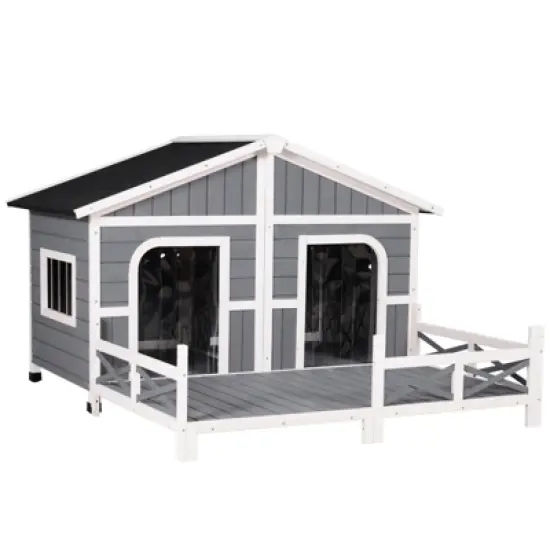 PawHut 59"x64"x39" Wood Large Dog House Cabin Style Elevated Pet Shelter w/Porch Deck image {9}