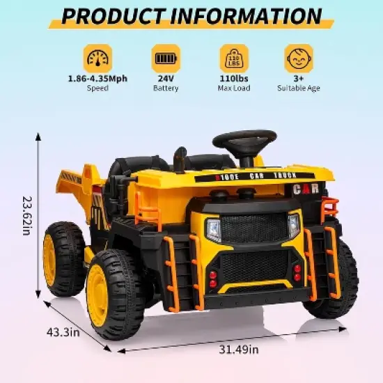 24V Kids Ride On Dump Truck with R/C, 2 Seater Electric Car with Electric Dump Bed & Shovel, Music Player, Soft Start, 19" Spacious Seat, Yellow image {6}