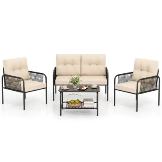 Costway 4 PCS Patio Furniture Set with Loveseat Tempered Glass Coffee Table & Soft Cushions image {1}