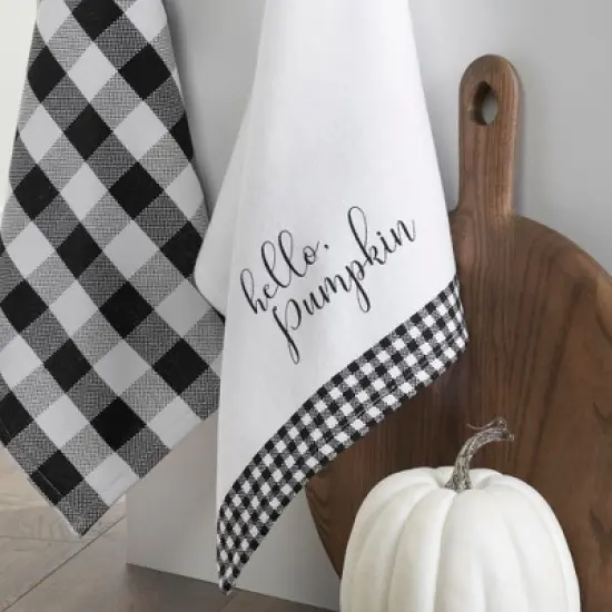Hello Pumpkin and Check Kitchen Towel Set of 2 - 18" x 28" - Black/White - Elrene Home Fashions image {2}