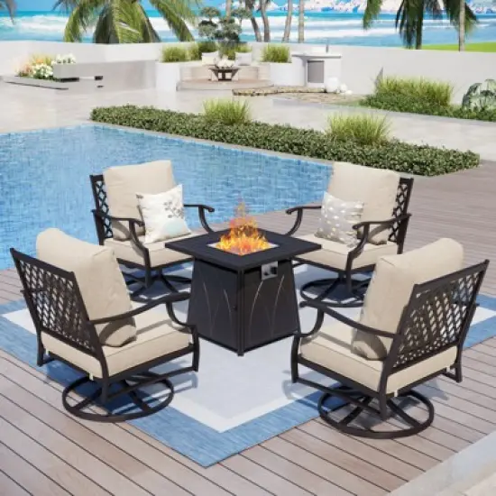 Captiva Designs 5pc Metal Patio Outdoor Conversation Fire Pit Set with Swivel Grid-back Armchairs for Garden, Poolside, Backyard image {14}