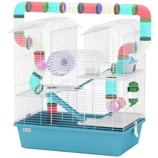 PawHut Large Hamster Cage, 4 Tier Gebril Cage with Tubes, Exercise Wheel, Hut, Water Bottle, Food Dish, Ramps, 22.8" x 14.2" x 25.6", Light Blue image {3}