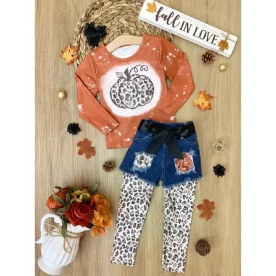 Girls Posh Pumpkin Top, Patched Denim Shorts & Legging Set - Mia Belle Girls image {6}