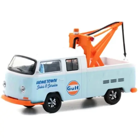 1969 Volkswagen Double Cab Tow Truck w/Tow Hook Light Blue & White Gulf Oil Sales & Service 1/64 Diecast Model Car by Greenlight image {1}