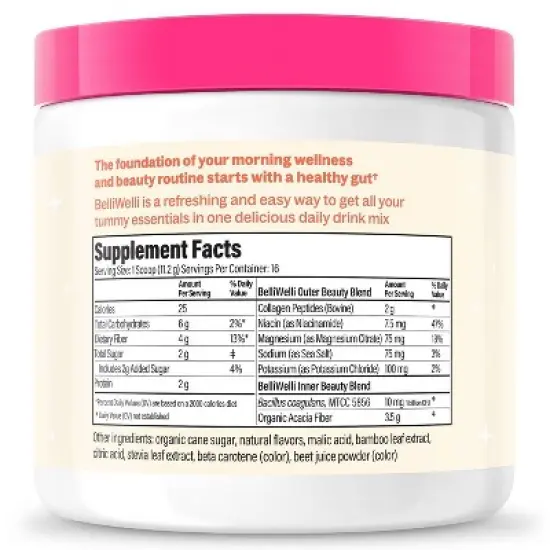 BelliWelli Daily Fiber Supplement + Probiotics, Electrolytes, Collagen, Powder - Peach Mango - 16 servings image {1}