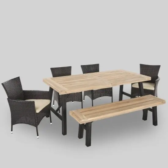 Jacks 6pc Acacia Wood & Wicker Patio Dining Set - Brown - Christopher Knight Home image {1}