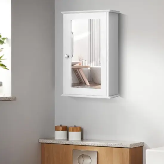 Costway Bathroom Wall Medicine Cabinet Single Mirror Door Cupboard Storage Wood Shelf White image {1}