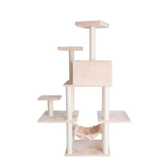 GleePet GP78680621 68-Inch Real Wood Cat Tree In Beige With Five Levels, Hammock, Condo image {6}