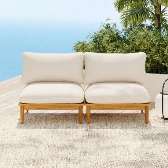 Scott Living Sacova Outdoor Acacia Wood Armless Chair, Teak Finish Frame with Beige Cushion, Set of 2 image {7}