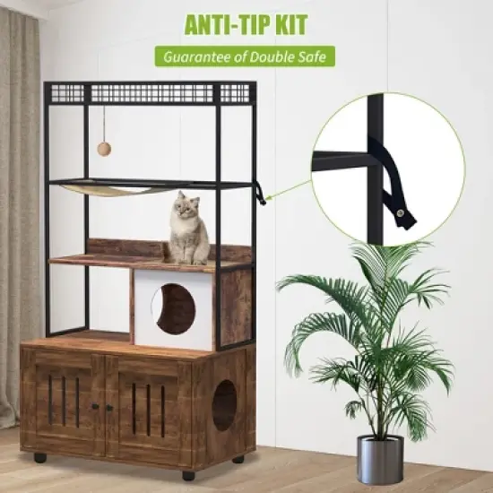 Enclosed Cat Litter Box with Storage Rack, Litter Box Furniture with Hammock, Sisal Balls and Cat Scratching Mat image {5}