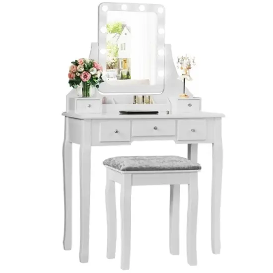 Costway Vanity Dressing Table Set w/ 10 Dimmable Bulbs Touch Switch Cushion Stool White\Black\Brown image {12}