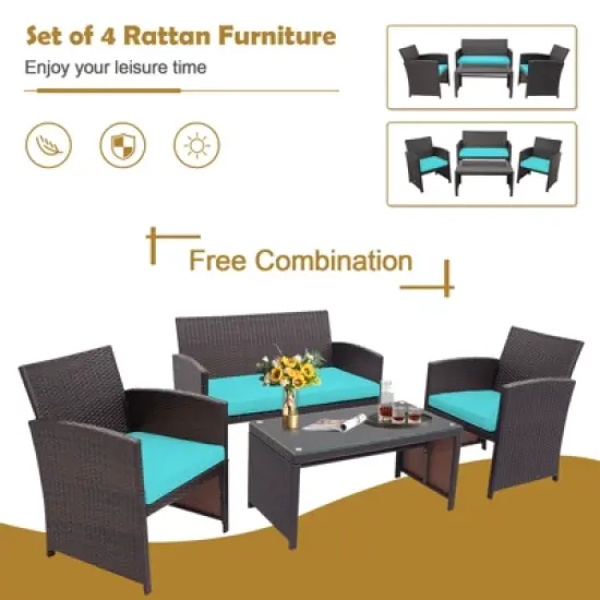 Tangkula 8PCS Outdoor Patio Furniture Sets Weather-Resistant Rattan Sofas w/ Soft Cushion Turquoise image {4}