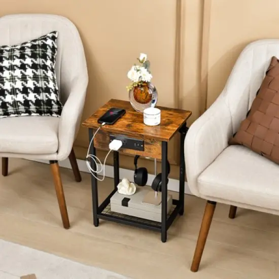 Costway Set of 2 End Tables with Charging Station Industrial Bed Side Table with AC Outlets & USB Port Rustic Brown image {2}