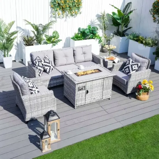 Moda Furnishings 5-Piece Outdoor Wicker Sectional Seating Group with Cushions and Fire Pit image {10}