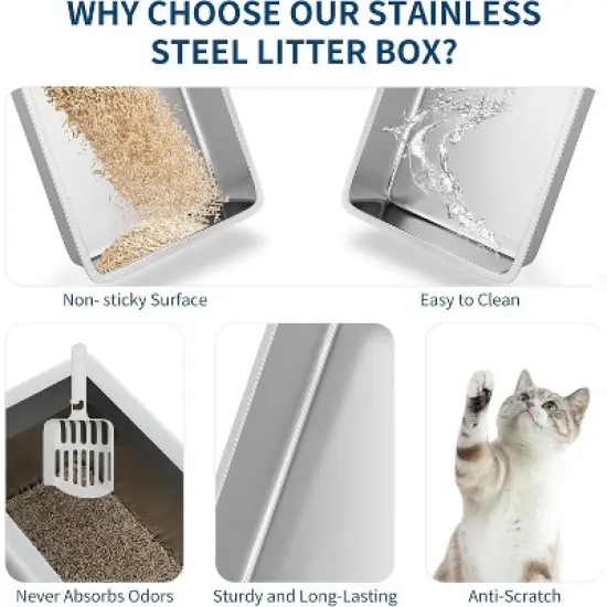 Stainless Steel Cat Litter Box with Cleaning Pedal, 6/8 Inch Deep, Dark Gray, High Wall Non-Stick Leak-Proof Cat Box, Easy to Clean for Indoor Cats image {2}