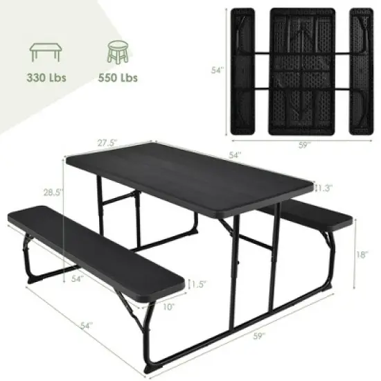 Costway Folding Picnic Table & Bench Set for Camping BBQ w/ Steel Frame White/Balck image {8}