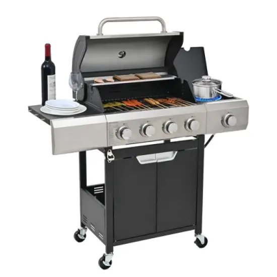 4-Burner Propane Gas Grill in Stainless Steel with Side Burner, Condiment Rack and Built-in Thermometer with Grill Cover image {4}