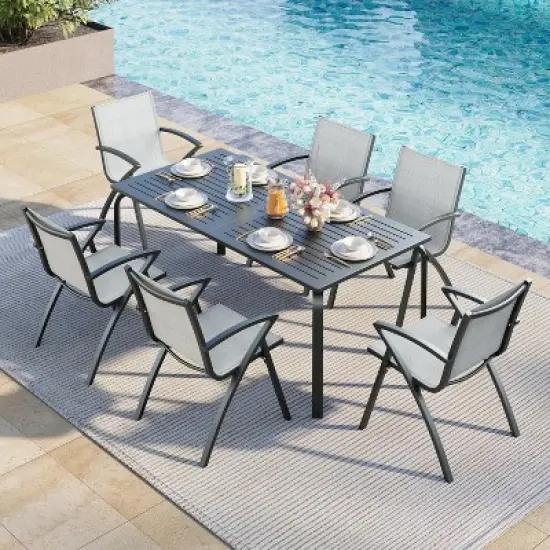 71" Aluminum Outdoor Dining Table with Umbrella Hole, Weatherproof & Rust-Proof Design for Restaurants, Backyards, Poolside - Scratch-Resistant Gray image {5}