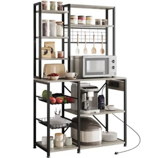 Microwave Stand Bakers Rack, Standing Bakers Rack with Power Outlet, Large Open Storage Shelves, Coffee Bar Kitchen Storage Shelf image {10}