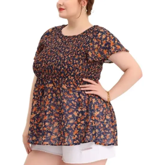 Agnes Orinda Women's Plus Size Chiffon Smock Waist Ditsy Floral Peplum Blouse image {7}