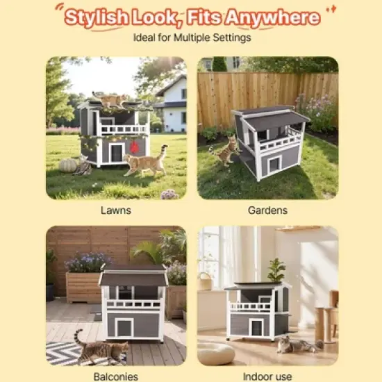 VEVOR Insulated Cat House, 2-Story Wooden Cat Shelter, Foam Insulation, Feral Kitty Shelter with Balcony, Waterproof Cats Condos, White&Grey image {6}