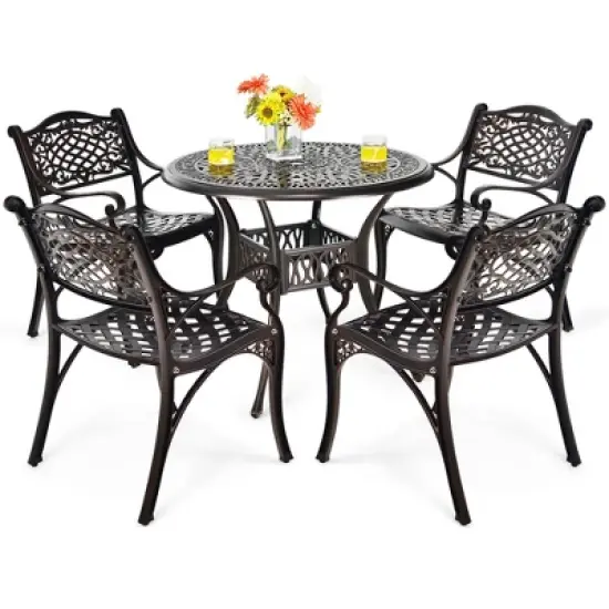 Costway 5 PCS Patio Dining Bistro Sets Cast Aluminum Round Patio Table W/Chairs image {2}
