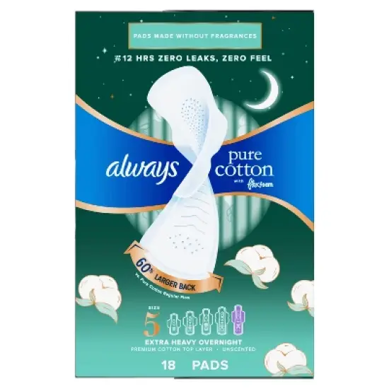 Always Extra Heavy Overnight Pure Cotton Pads with Wings - Size 5 - 18ct image {1}