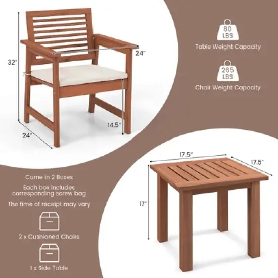 Costway 3 PCS Patio Furniture Set with 2 Seat Cushions Coffee Table Solid Wood Chairs image {3}