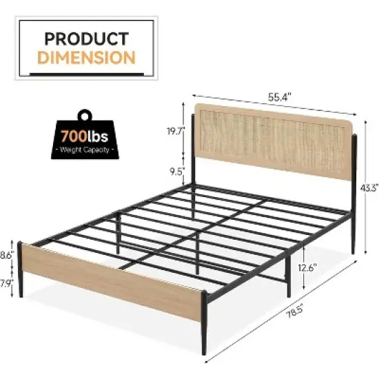 Full/Queen Size Boho Bed Frame with Rattan Headboard & Wood Footboard, Under Bed Storage, No Box Spring Needed, Noise-Free Design image {2}
