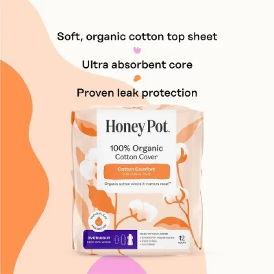 The Honey Pot Company, Non-Herbal Overnight Pads with Wings, Organic Cotton Cover - 12 ct image {3}