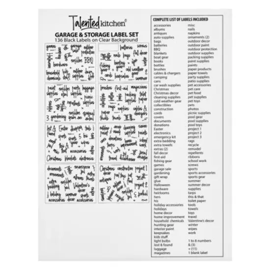 Talented Kitchen 136 Garage Storage Labels for Plastic Containers, Preprinted Black Script on Clear Stickers for Organizing Bins image {4}