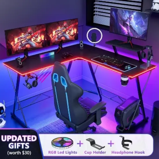 Mr Ironstone Gaming Desk with LED Lights, L Shaped Desk Corner with Cup Holder & Headphone Hook, Computer Desk Home Office Desks with Monitor Stand image {4}