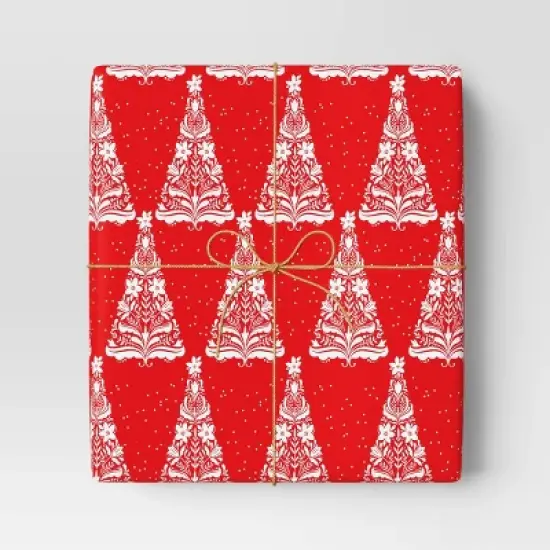30&rdquo; 20 sq ft Christmas Roll Wrap White Trees on Red - Wondershop&trade; image {1}