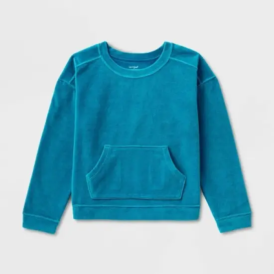 Girls' Adaptive Velour Sweatshirt - Cat & Jack&trade; Teal Blue image {4}