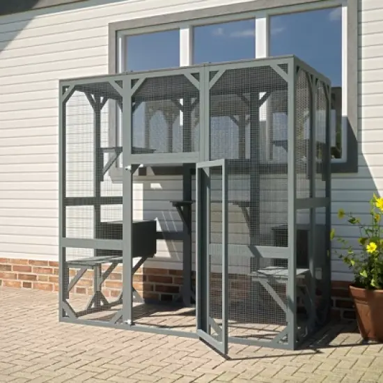 Outdoor Wooden Cat Catio - Large Solid Wood Cage image {5}