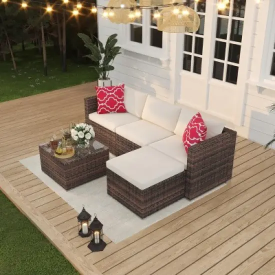 Modular Rattan Patio Sofa Set - All-Weather Wicker Sectional Conversation Set with Ottoman, Glass Table & Detachable Cushions image {8}