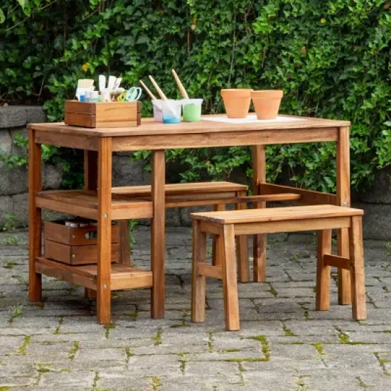 Guidecraft Acadia Kids Outdoor Craft Table and 2 Bench Set: Acacia Wood Activity Desk w/ Storage, Kids Play Table & Bench for Backyard, Patio, Garden image {4}
