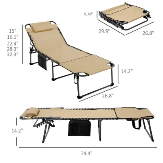 TIRAMISUBEST Folding Chaise Lounge Chair with 5 Adjustable Positions, Face Hole & Side Pocket for Beach/Patio/Yard, Beige image {3}