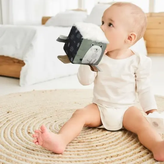 Soft Toy Block with Wooden Ring for Babies 0-6 Months &ndash; High Contrast Sensory Cube & Teether with Tummy Time Mirror for Newborn Development image {7}