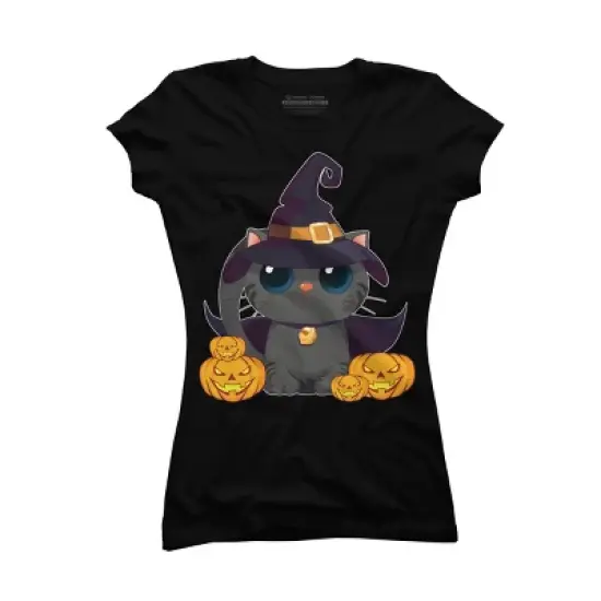 Junior's Design By Humans Black Cat With Jack O Lantern Halloween Shirt By thebeardstudio T-Shirt image {3}