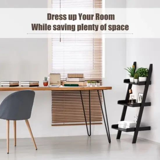 Costway 3 Tier Leaning Rack Wall Ladder Book Shelf Bookcase Storage Display Multipurpose image {7}